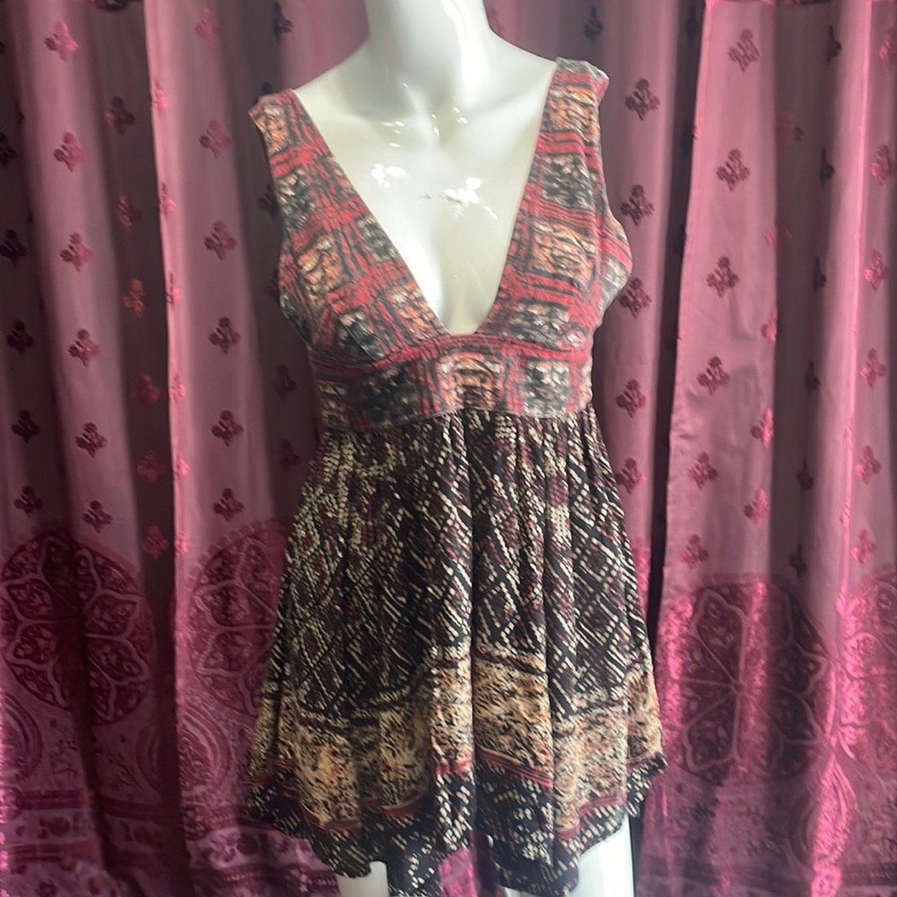 Free People Red & Brown Tribal Sleeveless Cross Tye Back Mini Dress Size XS